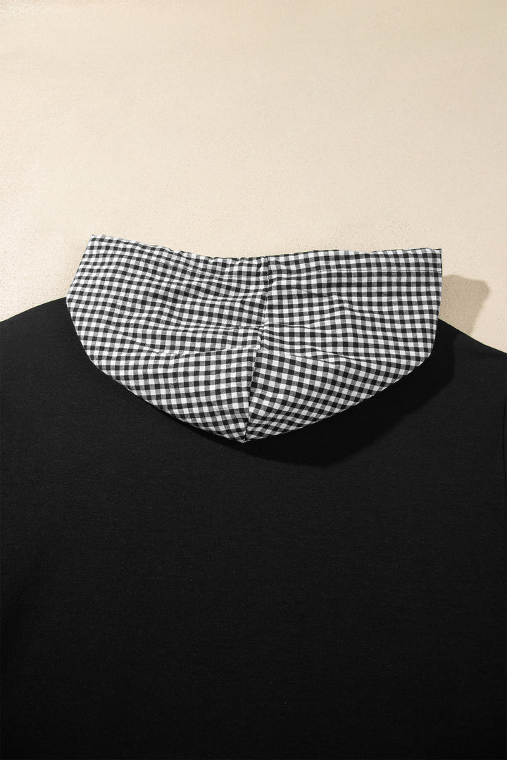 Black Hooded Gingham Paneling Chest Patch Pocket Long Sleeve Plus Size Blouse