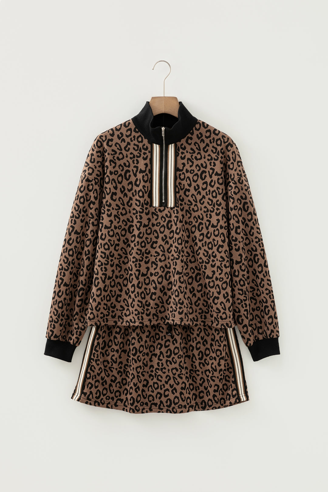 Khaki Leopard Print Quarter Zip Long Sleeve Top Mini Skirt Set