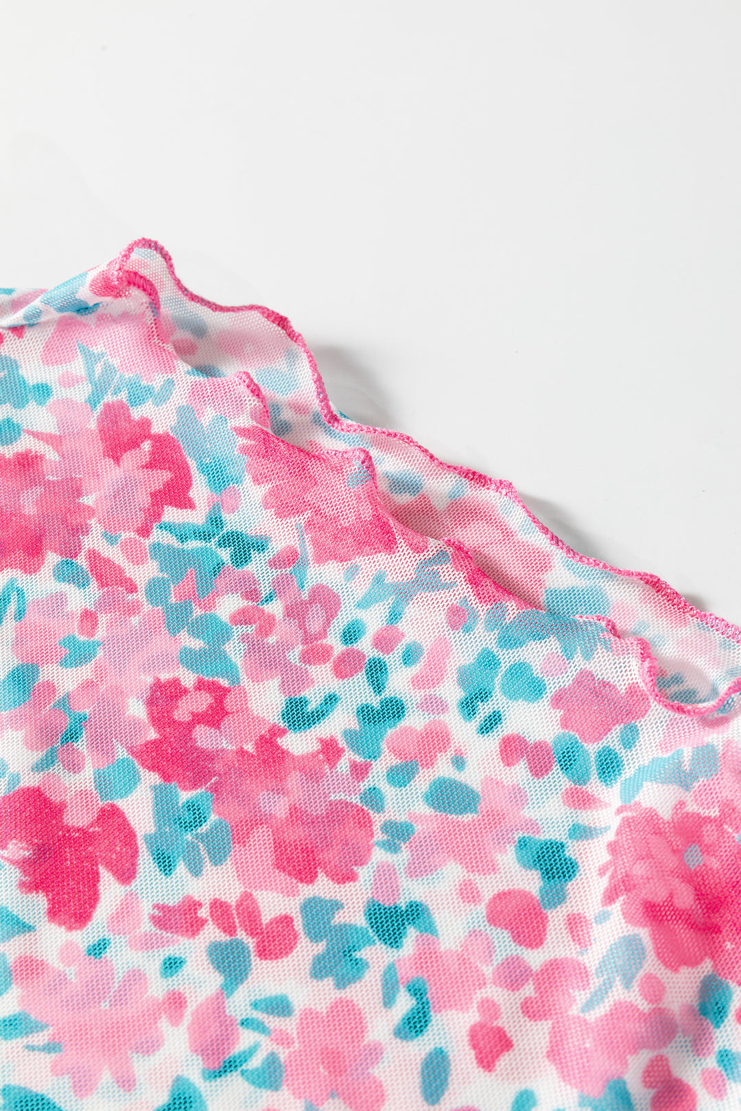 Pink Slim Fit Floral Mesh Long Sleeve Mock Neck Top