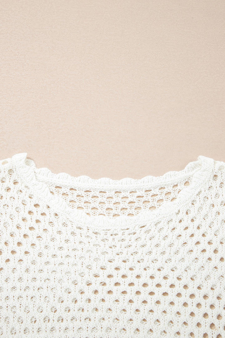 Yellow Cream Scalloped Trim Hollow Out Knit Long Sleeve Top