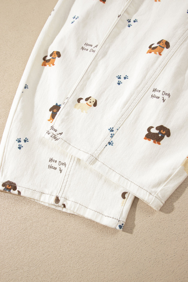 White Abstract Dog Print Wide Leg Full-Length Jeans