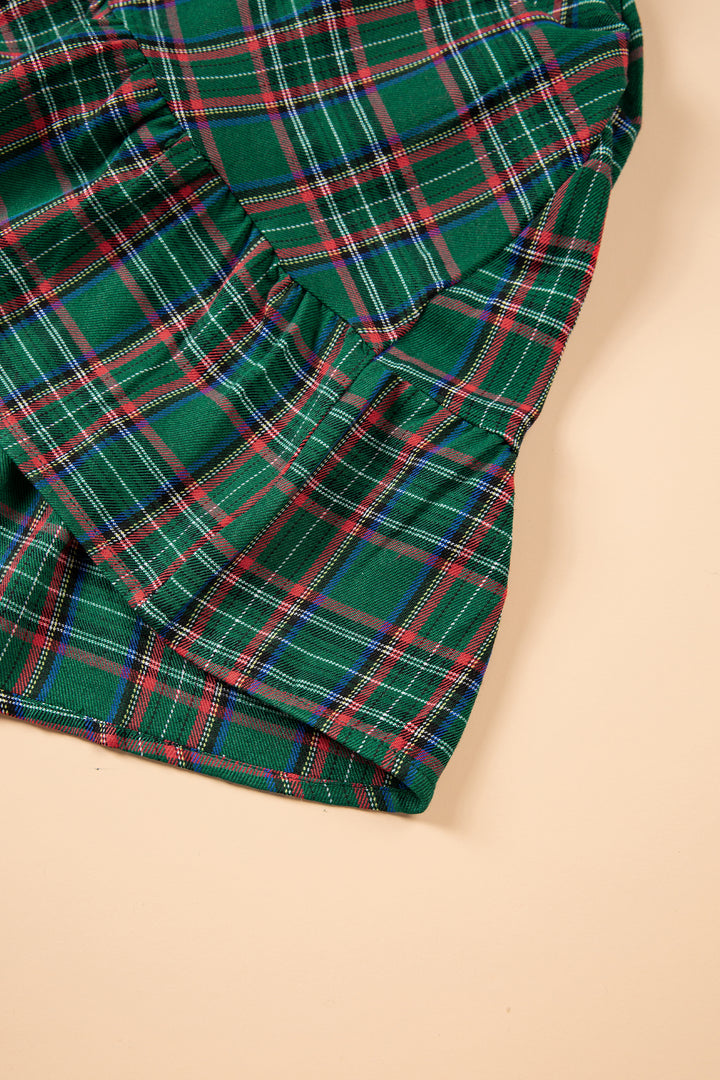 Green Plaid Shirred U Neck Short Sleeve Mini Dress