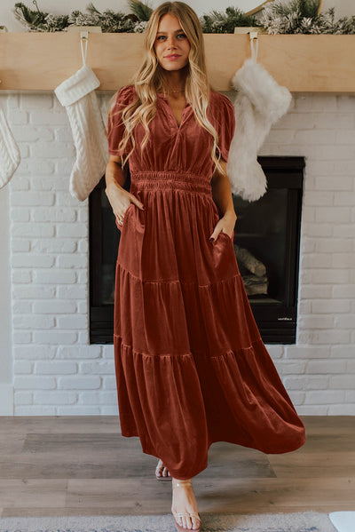 Chestnut Velvet Short Sleeve Shirred Waist Tiered Maxi Dress