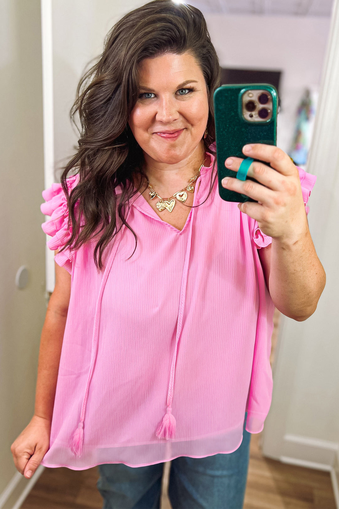 Bonbon Plus Size Textured Tassel Tie V Neck Ruffle Short Sleeve Blouse