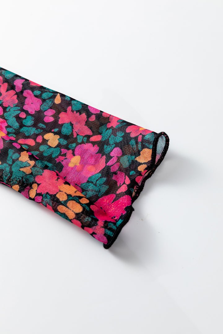 Pink Slim Fit Floral Mesh Long Sleeve Mock Neck Top