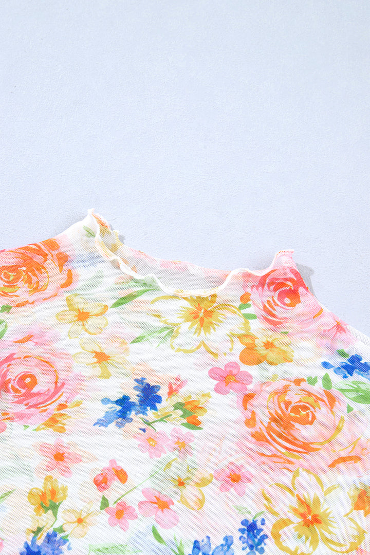 White Lettuce Trim Floral Print Sheer Mesh Long Sleeve Top