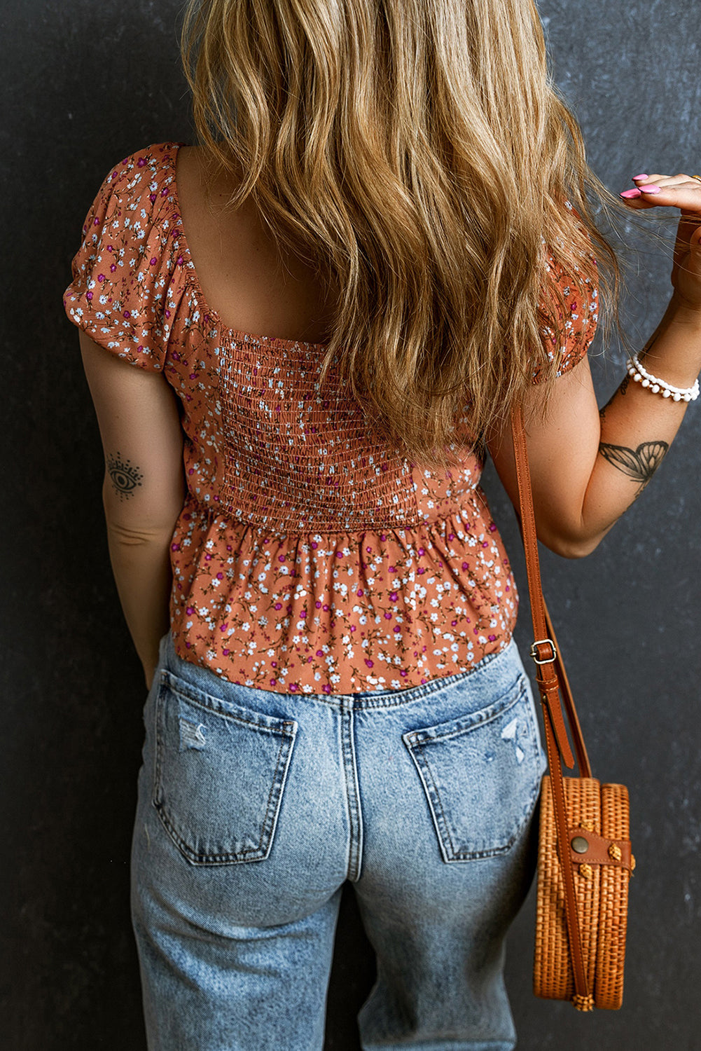 Gold Flame Floral Drawstring Ruched Smocked Peplum Blouse