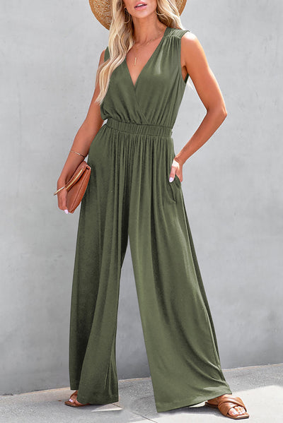 Jungle Green Deep V Pleated Crisscross Wide Leg Backless Jumpsuit