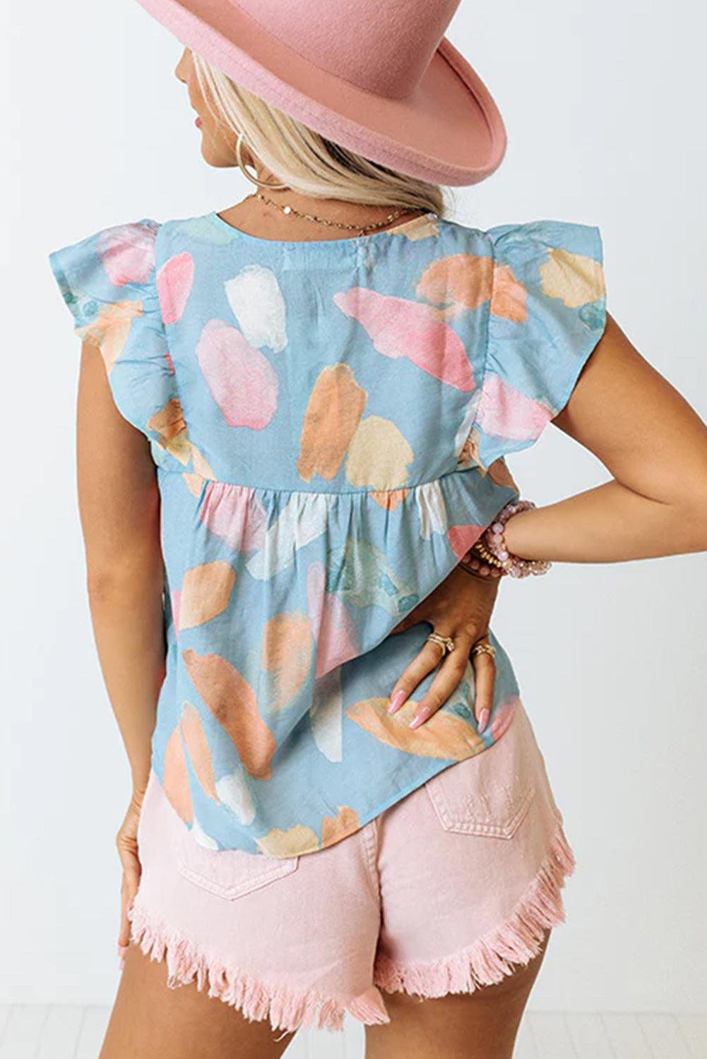 Pink Splotches Pattern Ruffled Cap Sleeve Shift Top