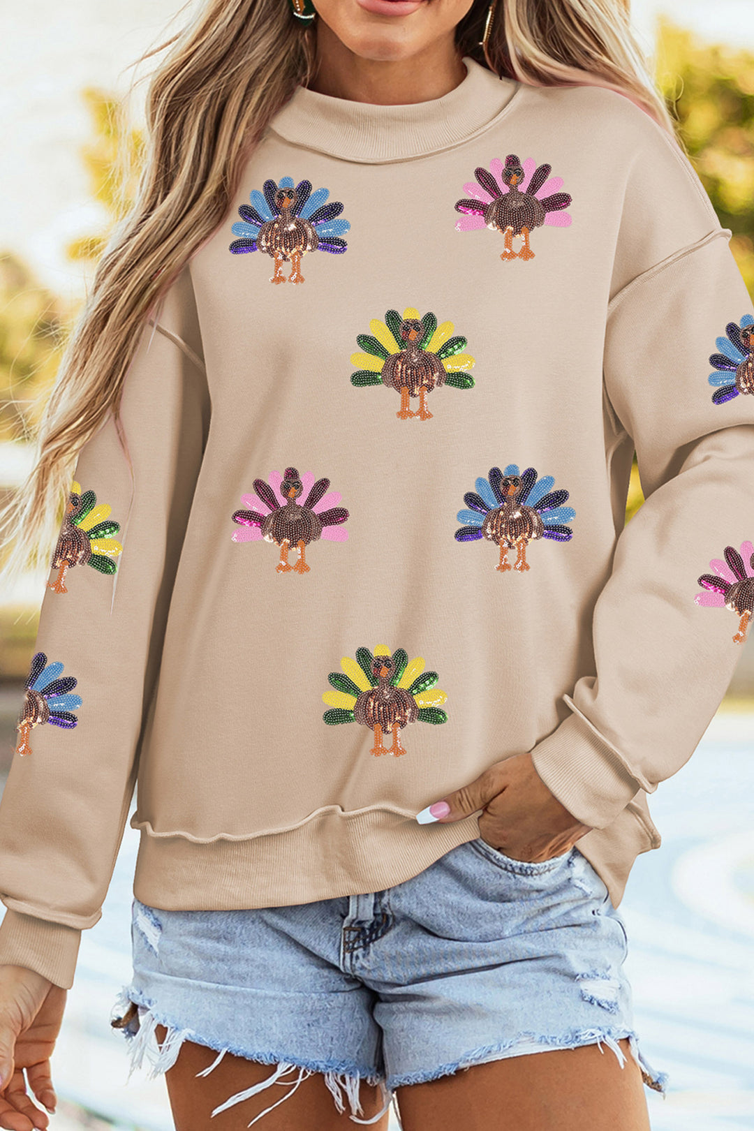 Apricot Sequined Turkey Exposed Seam Thanksgiving Graphic Sweatshirt