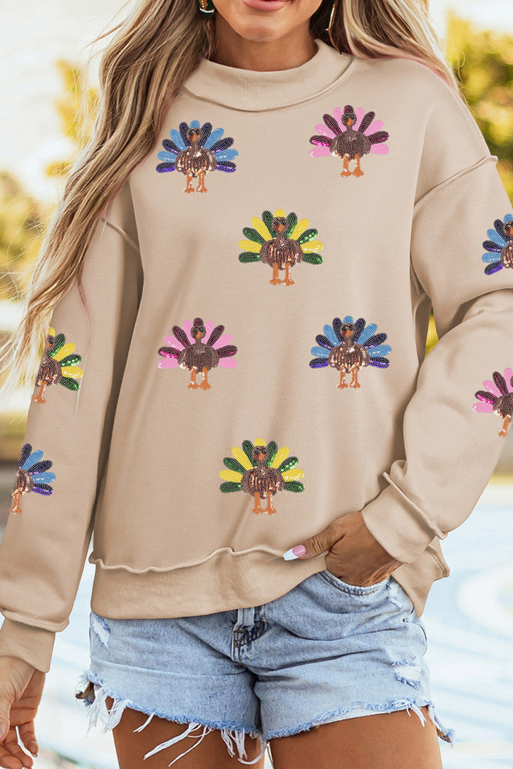 Apricot Sequined Turkey Exposed Seam Thanksgiving Graphic Sweatshirt