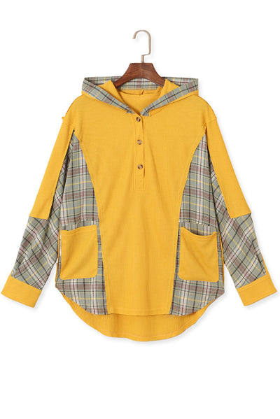 Yellow Waffle Knit Plaid Patchwork Pocketed Henley Hoodie