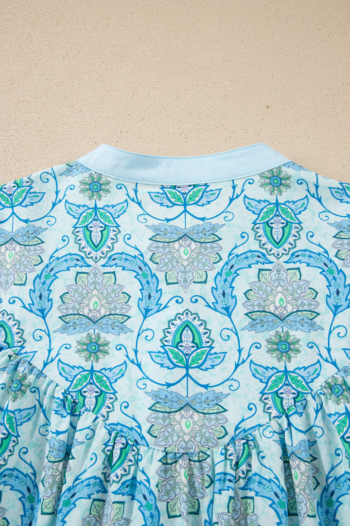 Sky Blue Paisley Print Puff Sleeve Loose Shirt