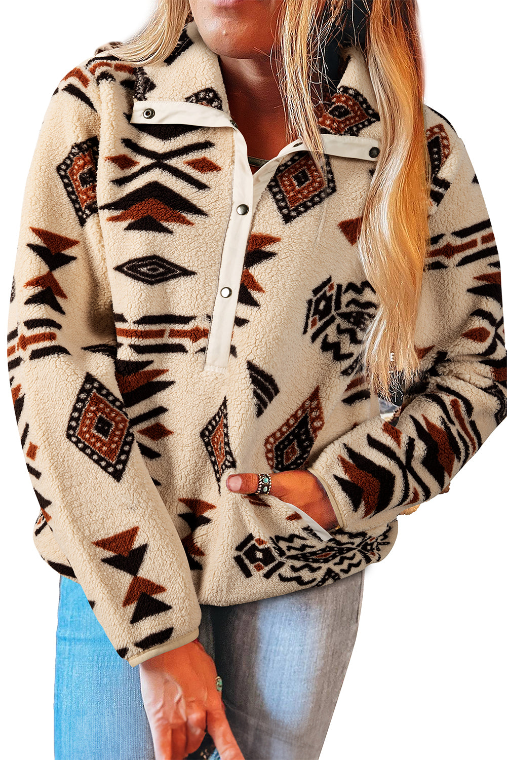 Black Western Aztec Half Placket Plush Sweatshirt