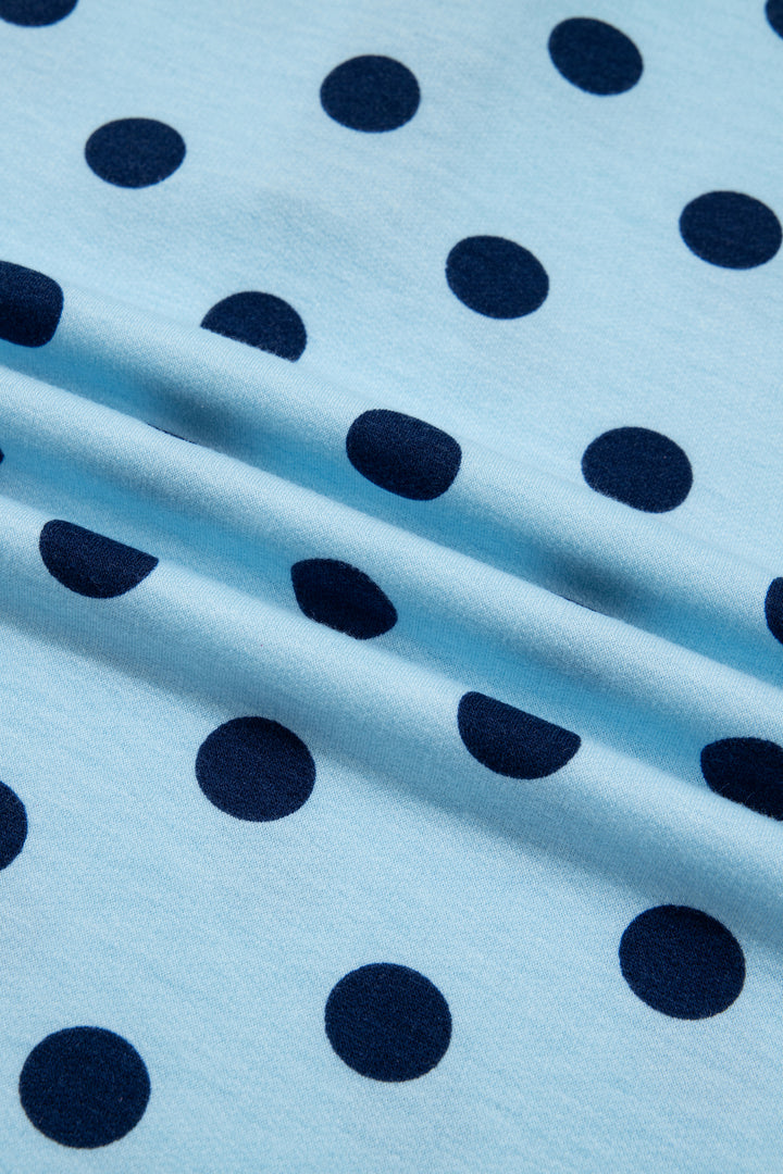 Sky Blue Polka Dot Drop Shoulder Polo Loose Pullover Patch Pocket Casual Shorts Set