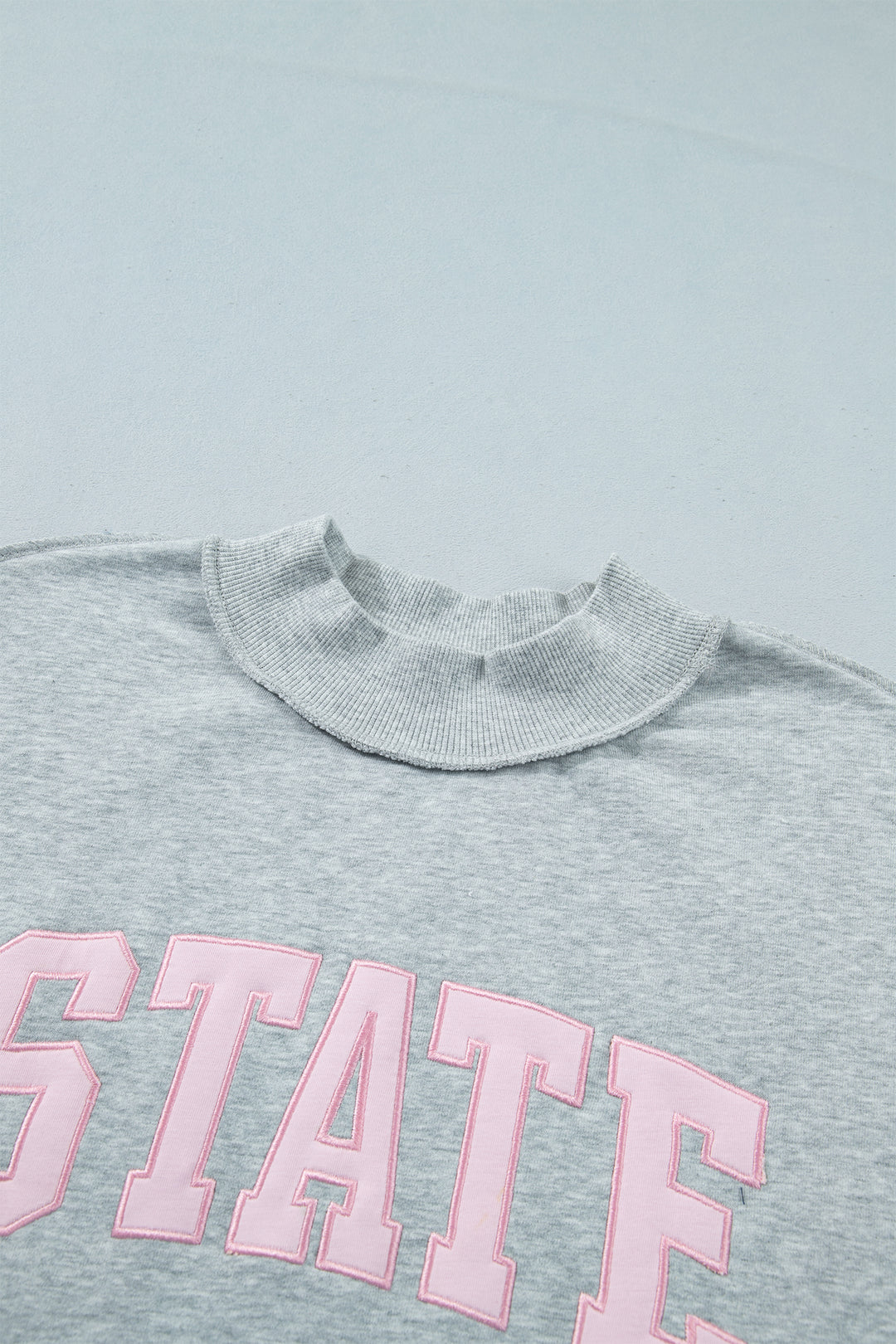Light Grey Exposed Seam Mock Neck Letter Embroidered Loose Sweatshirt