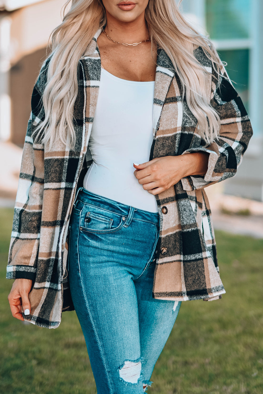 Gray Plaid Print Buttoned Shirt Jacket