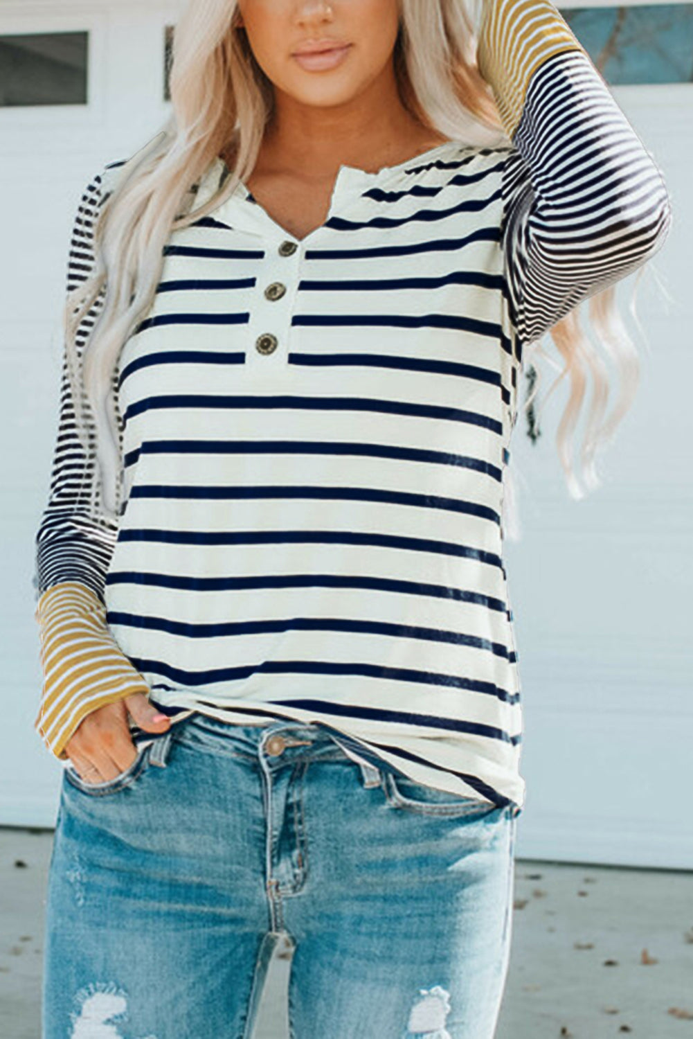 Long Sleeve Stripe Button Henley Top