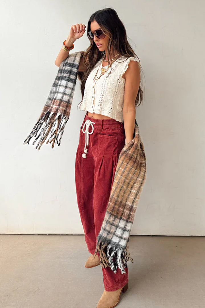 Racing Red Elastic Waist Drawstring Corduroy Casual Pants