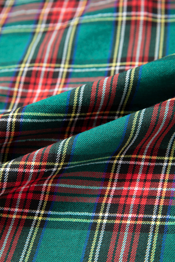 Green Plaid Velvet Trim Pockets Short Shift Dress