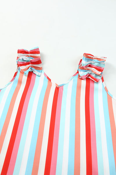 Multicolor Striped V Neck Ruffle Straps Tank Top