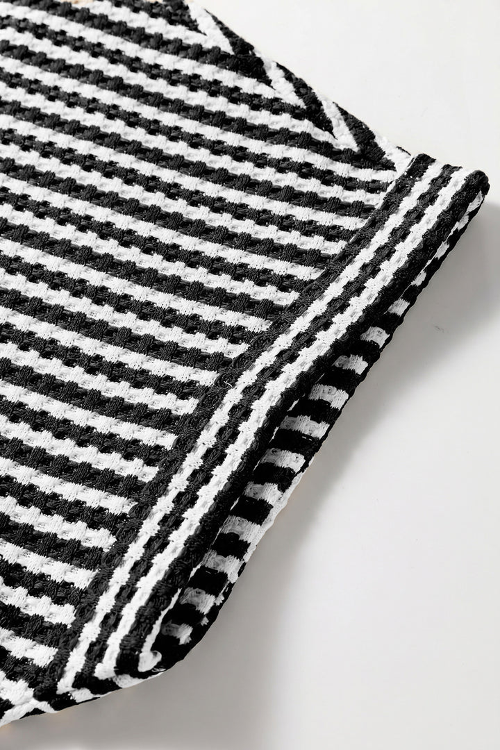 Brown Stripe Breathable Textured Knit Short 2pcs Set