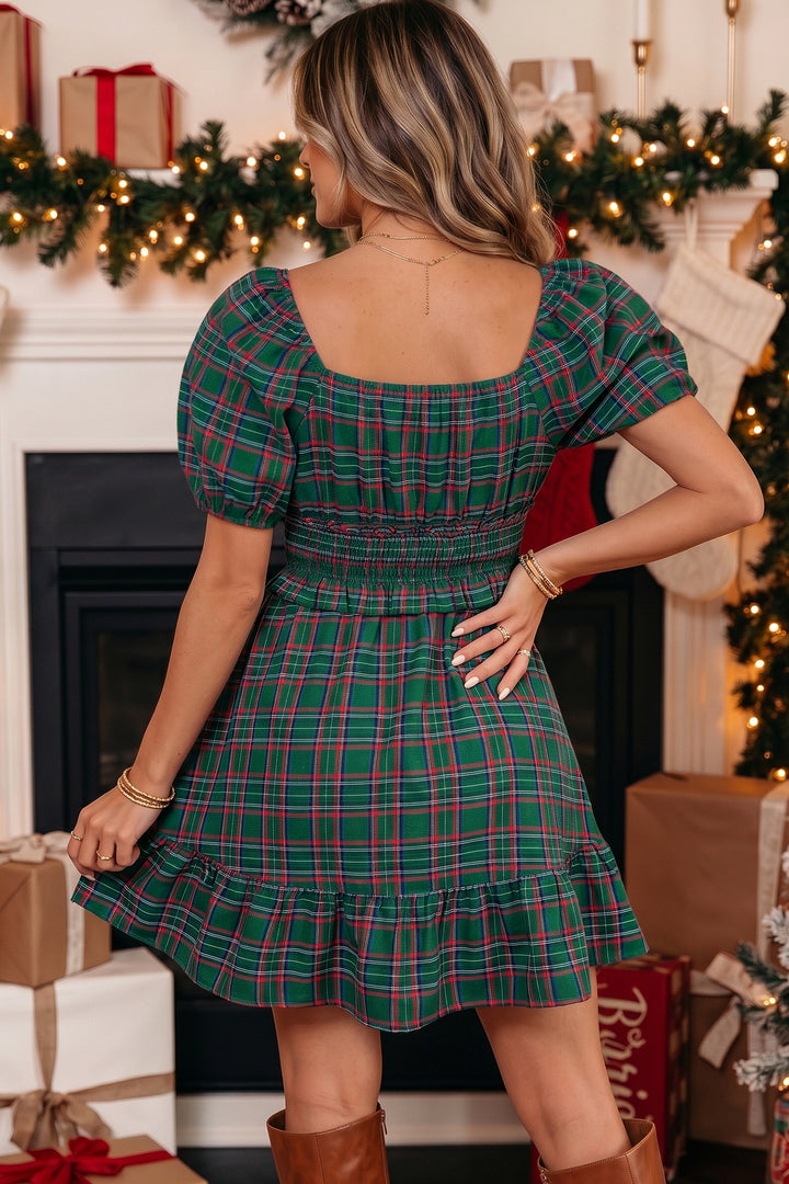 Green Plaid Shirred U Neck Short Sleeve Mini Dress