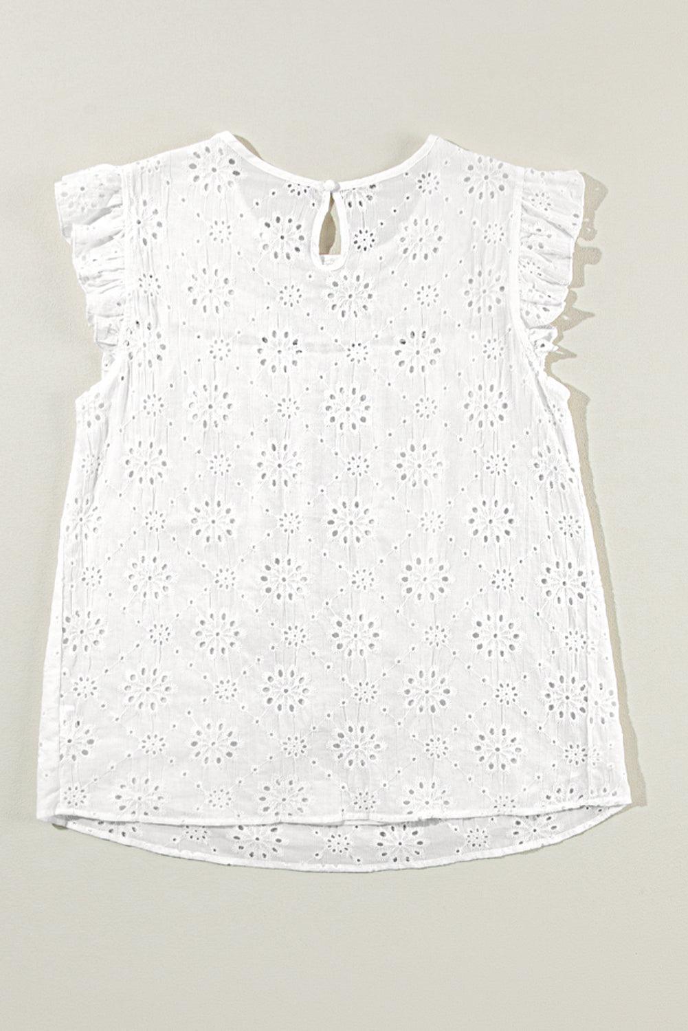 White Eyelet Embroidered Ruffled Flutter Sleeve Blouse