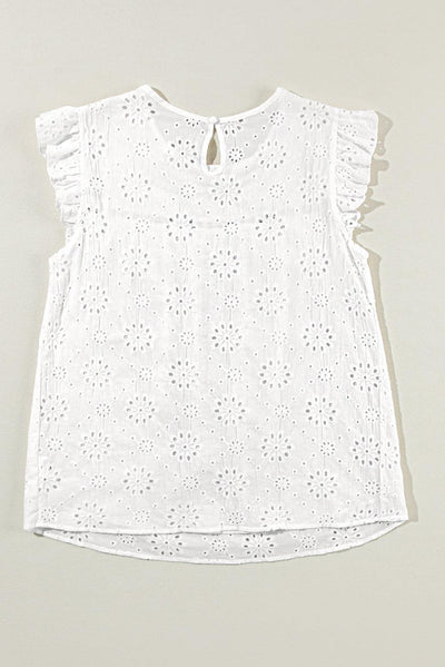 White Eyelet Embroidered Ruffled Flutter Sleeve Blouse