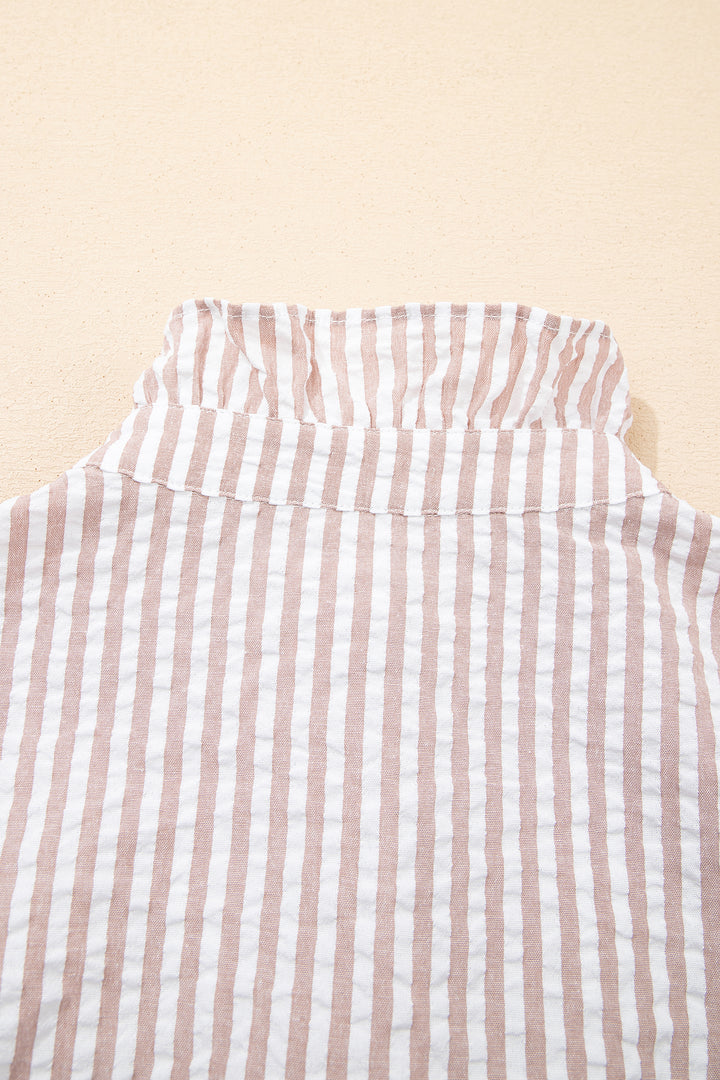 Khaki Stripe Frilled Collar Half Sleeve Shirt Maxi Dress