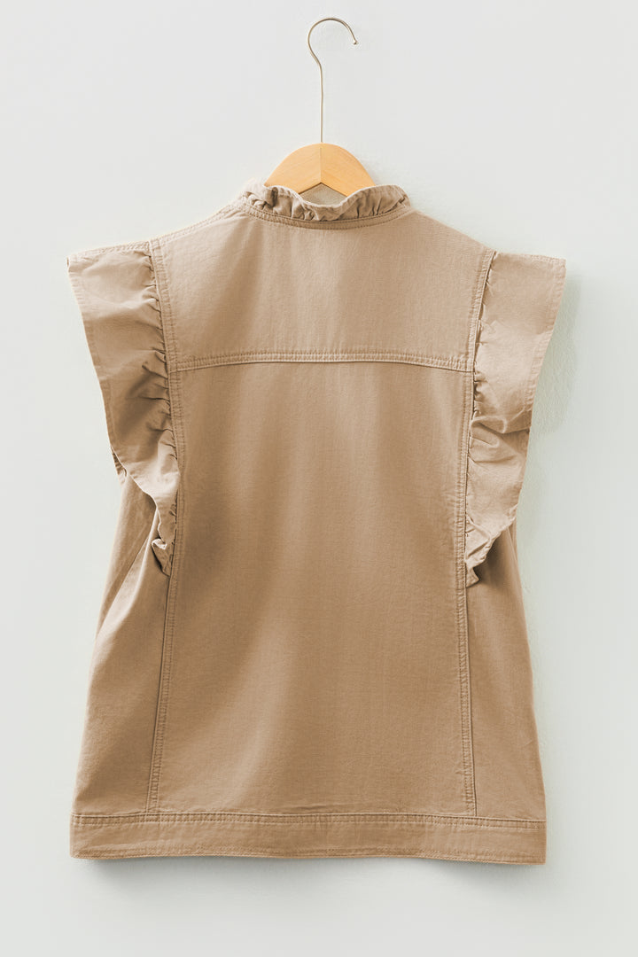 Pale Khaki Ruffled Patchwork Denim Jacket Vest