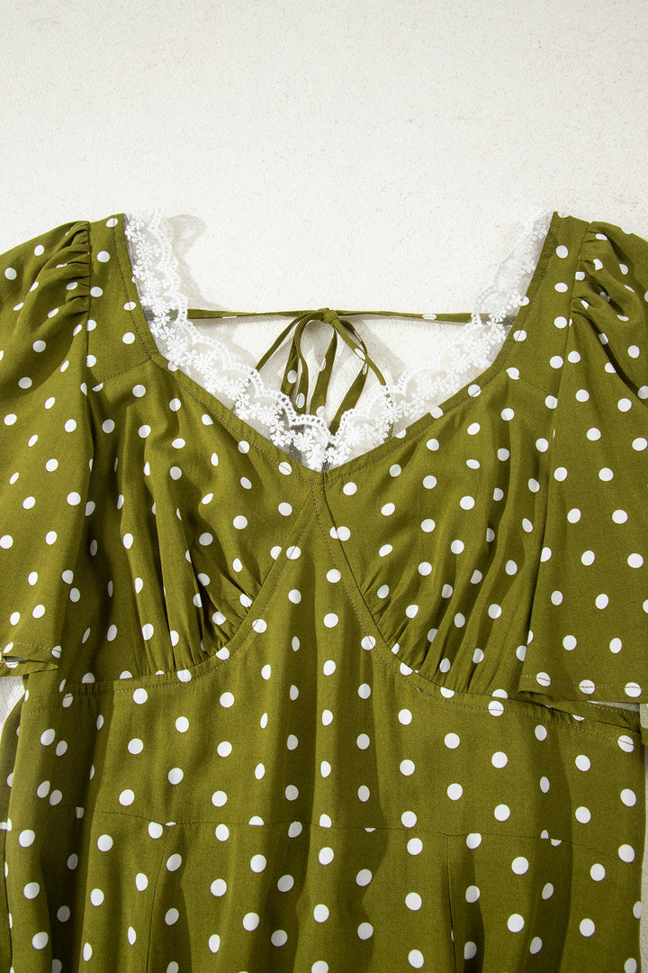 Green Polka Dot Print Lacy Neckline Smocked High Waist Maxi Dress