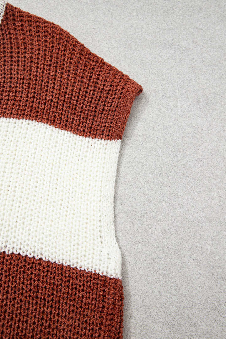 Brown Stripe Striped Colorblock Knit V Neck Short Sleeve Loose Sweater