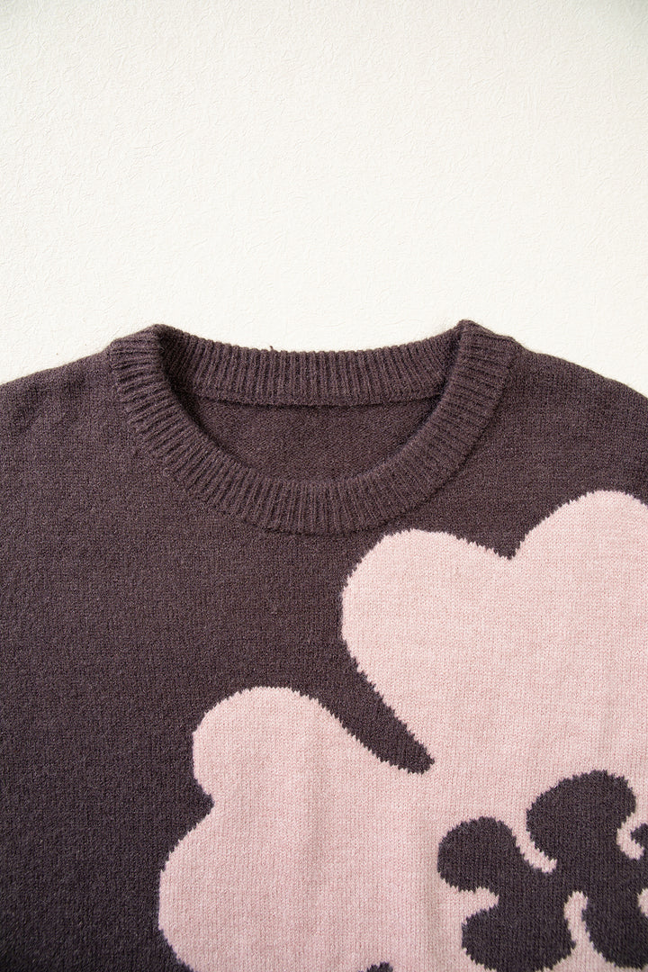Chicory Coffee Cozy Floral Print Round Neck Dropped Shoulder Casual Sweater