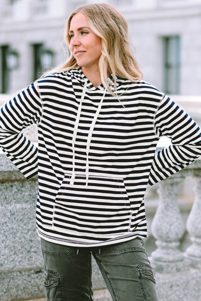 Stripe Kangaroo Pocket Drawstring Hoodie