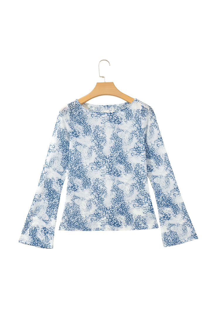 Sky Blue Long Sleeve Leopard Print Round Neck Sheath Top