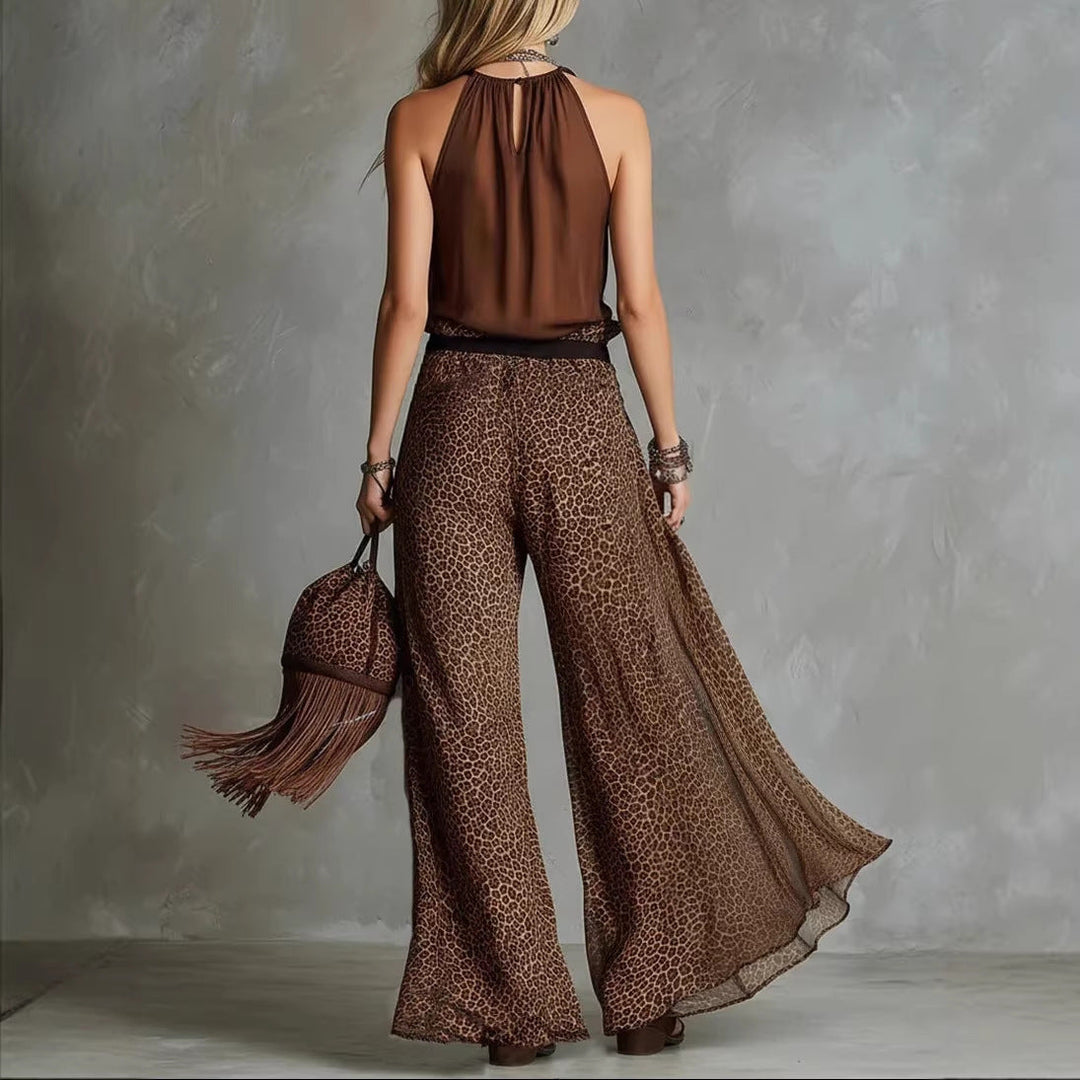 Leopard Print Sheer Wide-Leg Pants &amp; Sleeveless Tank Top Set