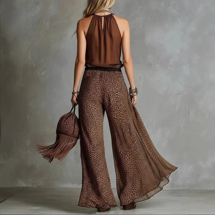 Leopard Print Sheer Wide-Leg Pants &amp; Sleeveless Tank Top Set