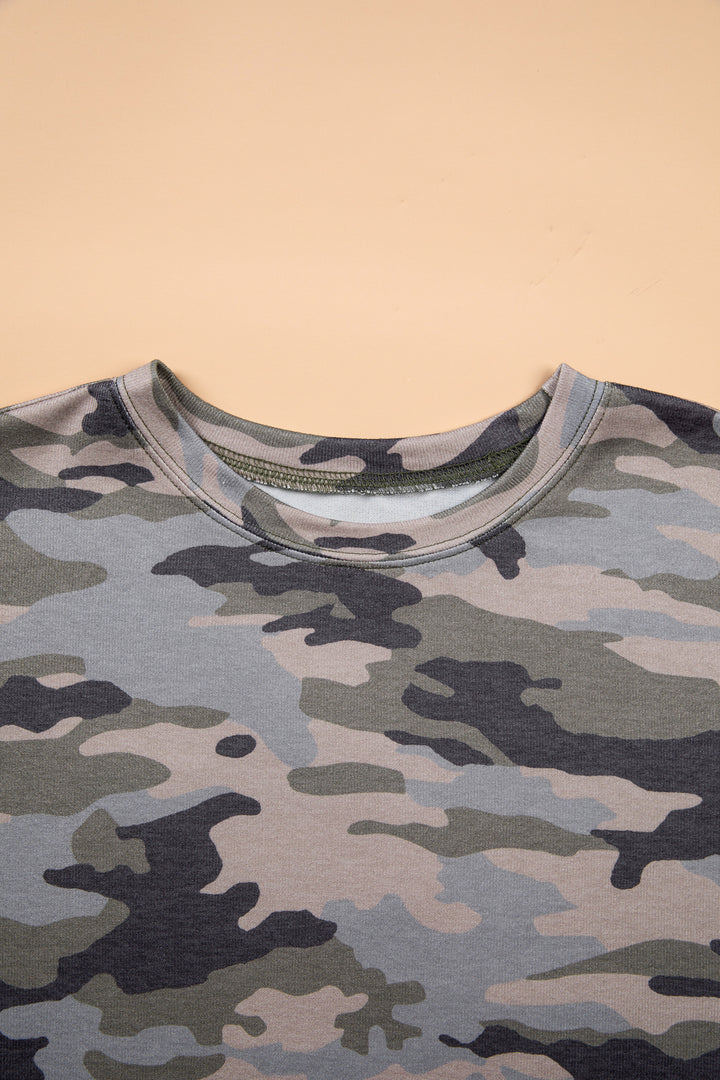 Green Camo Print Long Sleeve Plus Size Blouse