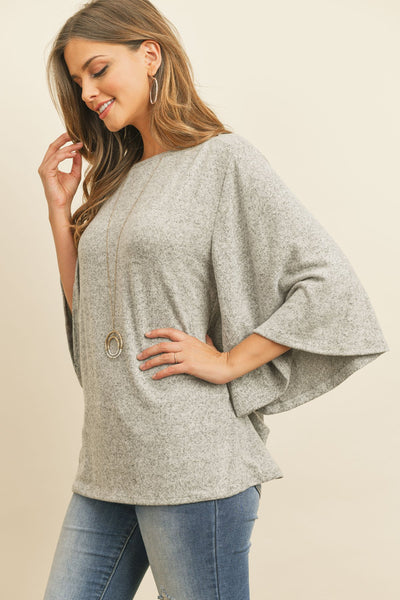 Boat Neck Bell Sleeve Solid Hacci Brushed Top