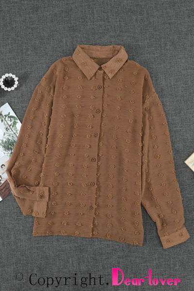 Brown Long Sleeve Button Fuzzy Polka Dot Shirt