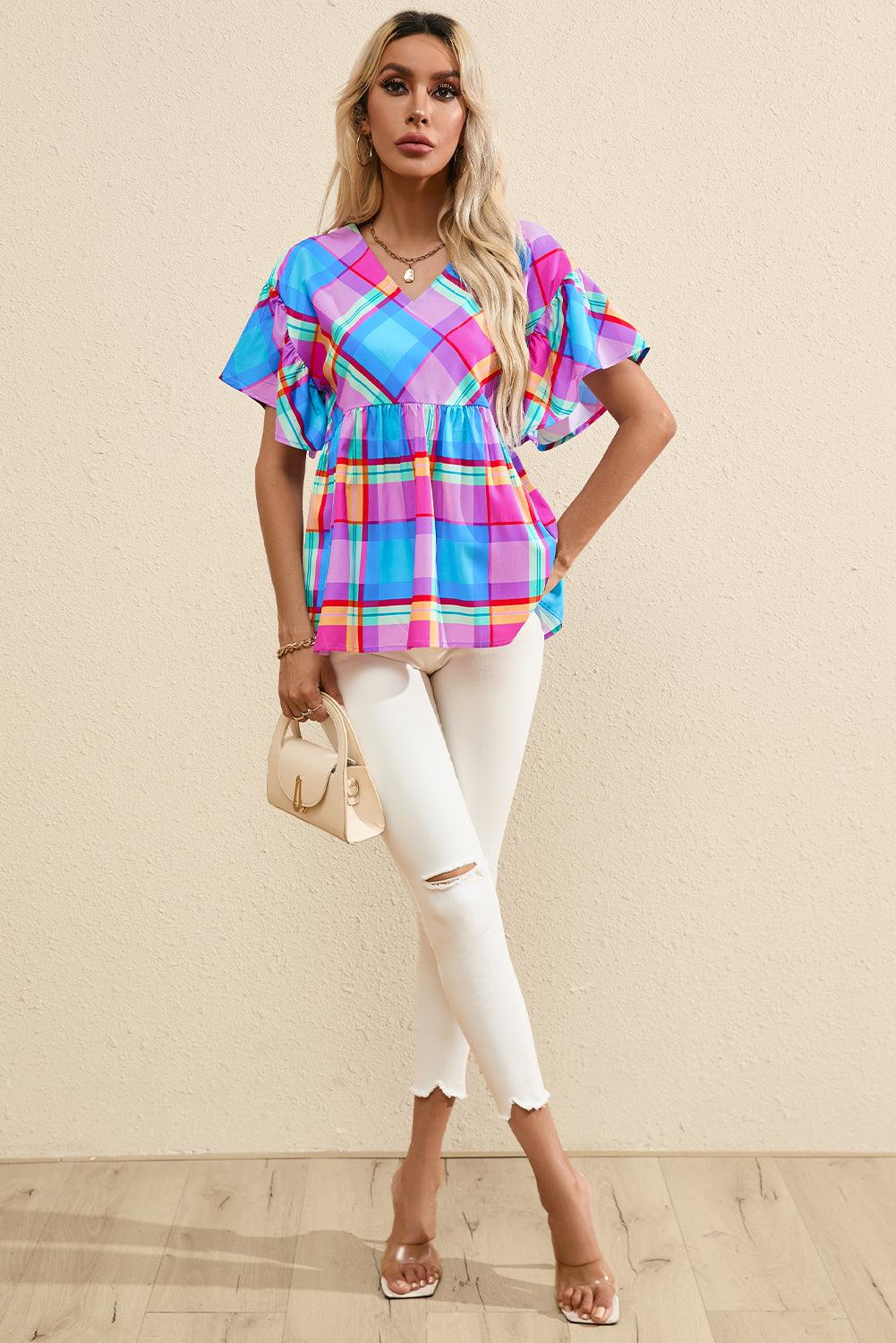 Sky Blue Colorful Plaid V Neck Ruffled Short Sleeve Babydoll Top