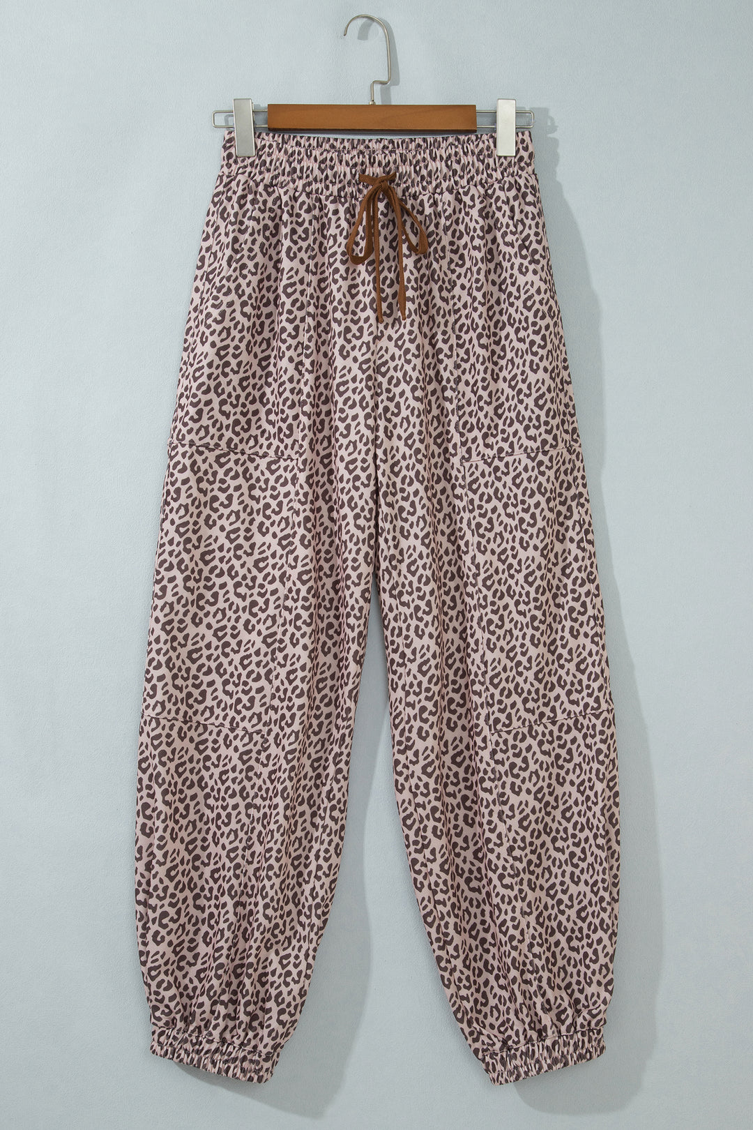 Khaki Leopard Print Elastic Waist Ankle Length Pants