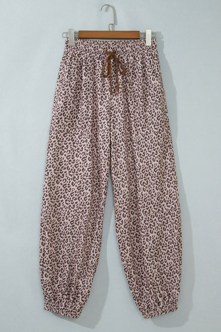 Khaki Leopard Print Elastic Waist Ankle Length Pants