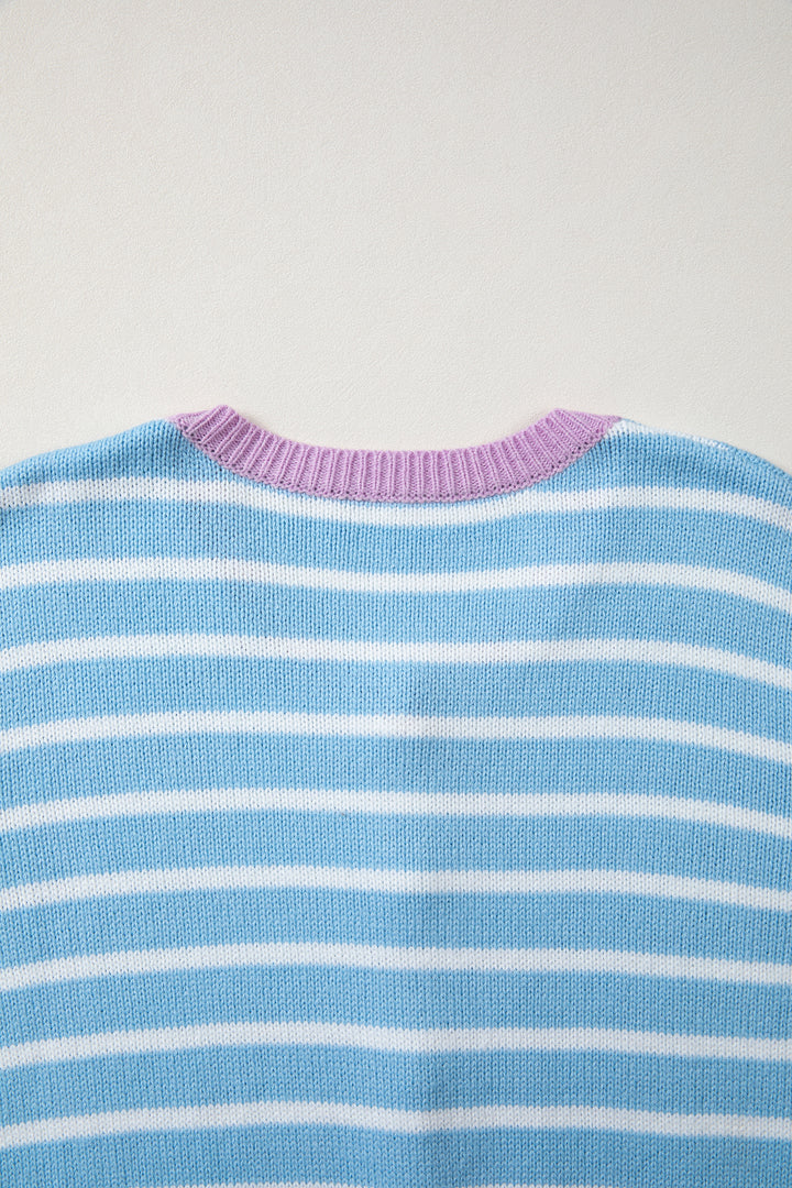Sky Blue Stripe Contrast Trim Button Down Casual Sweater Cardigan