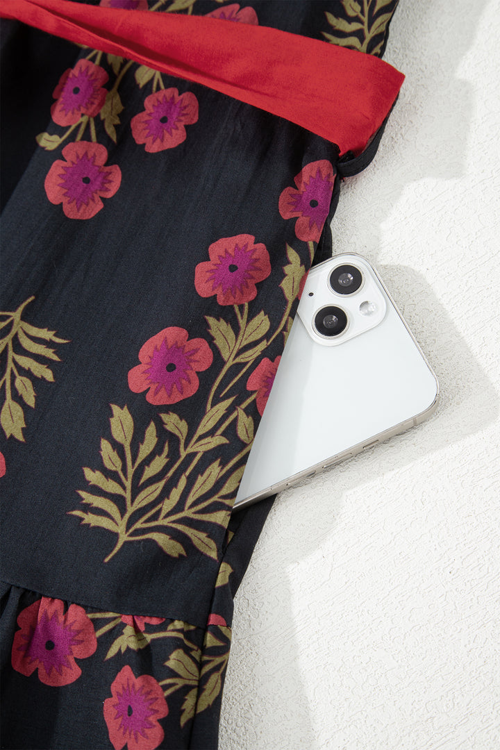 Black Retro Floral Print Button Down Belted Short Puff Sleeve Mini Dress