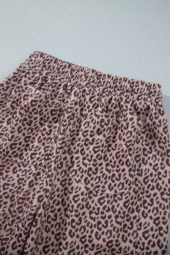 Khaki Leopard Print Elastic Waist Ankle Length Pants