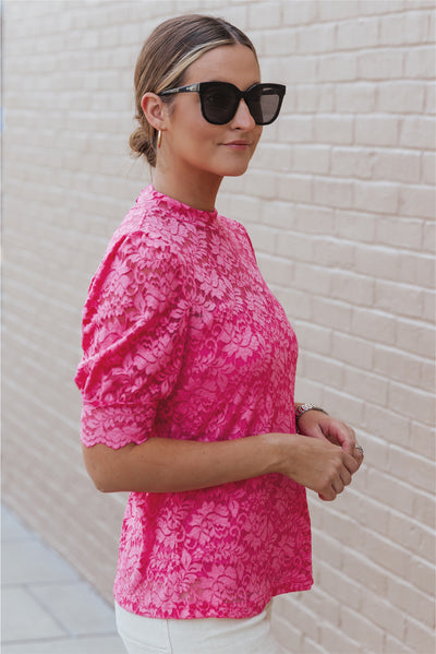 Pink High Neck Lace Short Sleeve Top