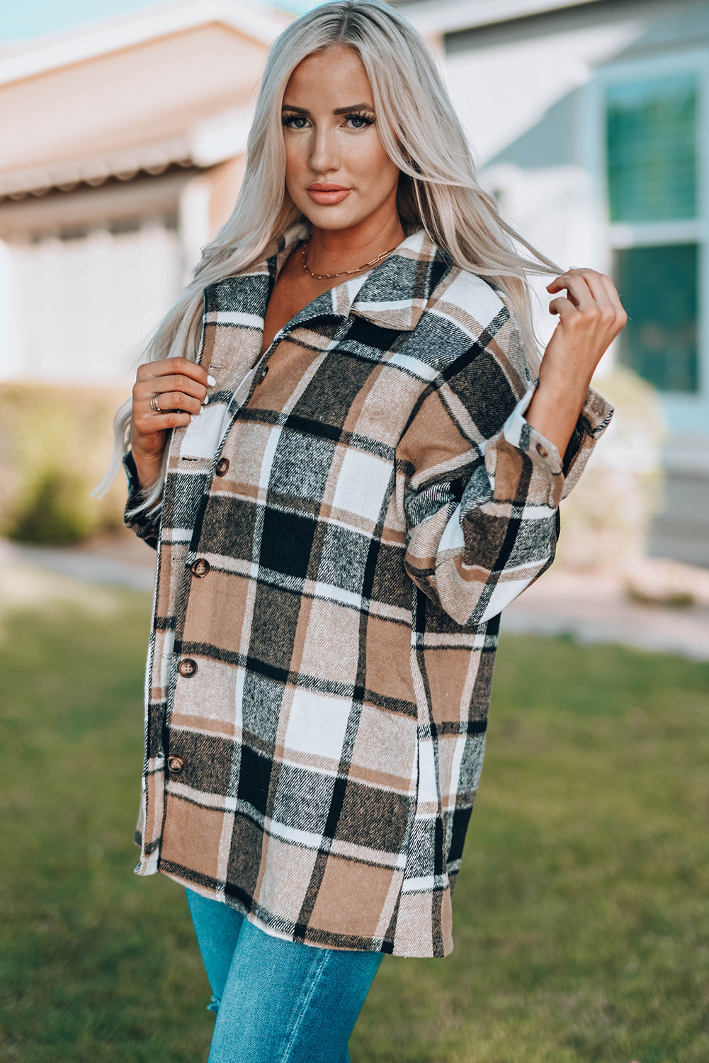 Gray Plaid Print Buttoned Shirt Jacket