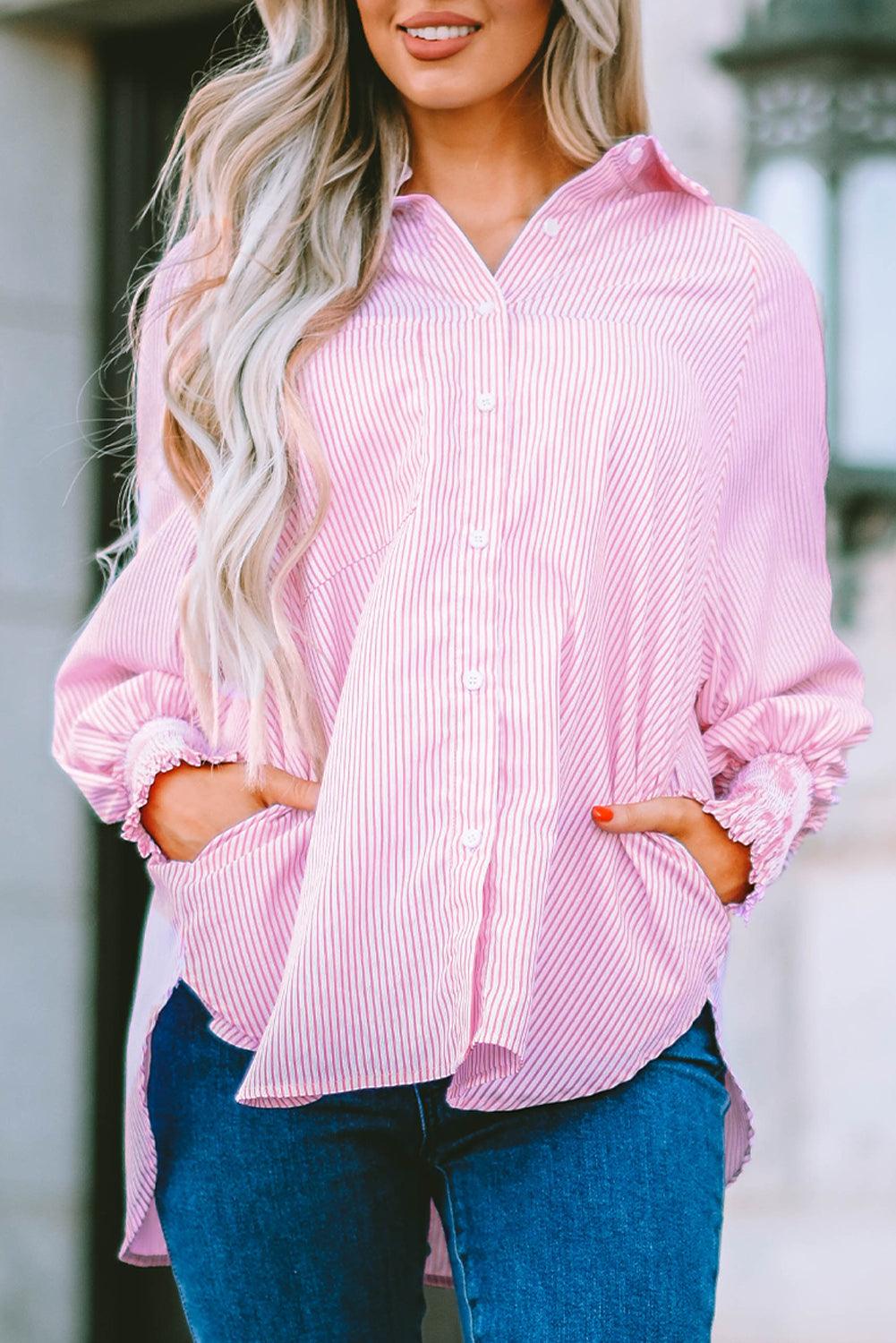 Pink Smocked Cuffed Striped Boyfriend Shirt with Pocket